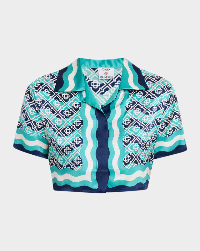 Wavy Monogram Print Silk Crop Camp Shirt